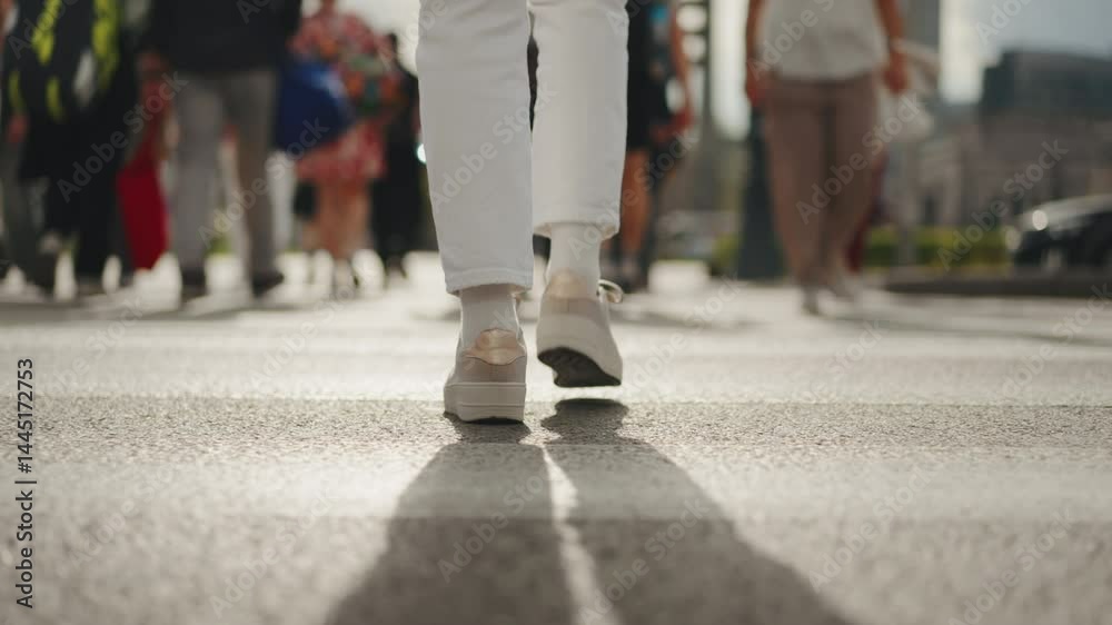 Back view following shot female feet steps walking pedestrian crossing street, sunny day, young woman wearing white pants and sneakers goes crosswalk. Low angle people legs stepping zebra asphalt Back view following shot female feet steps walking pedestrian crossing street, sunny day, young woman wearing white pants and sneakers goes crosswalk. Low angle people legs stepping zebra asphalt