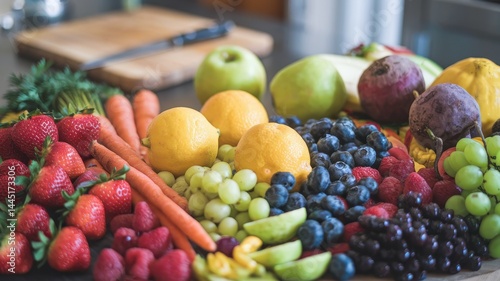 Fresh colorful fruit and vegetable arrangement on rustic wooden kitchen counter