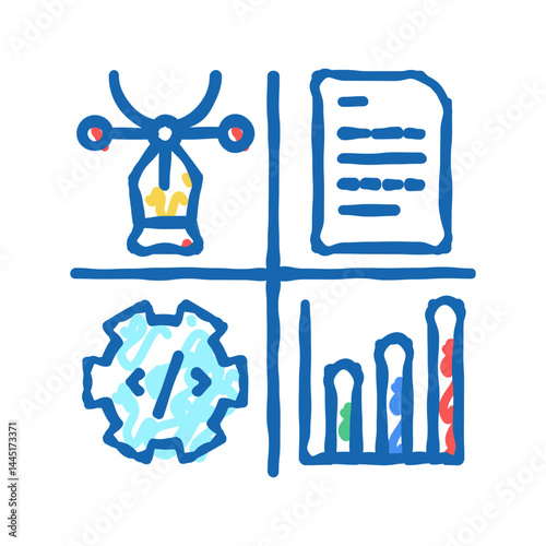 design, programming, content manager and analytics job icon doodle illustration