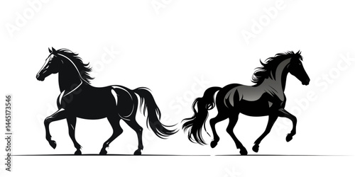 Two black horses galloping in opposite directions on white background