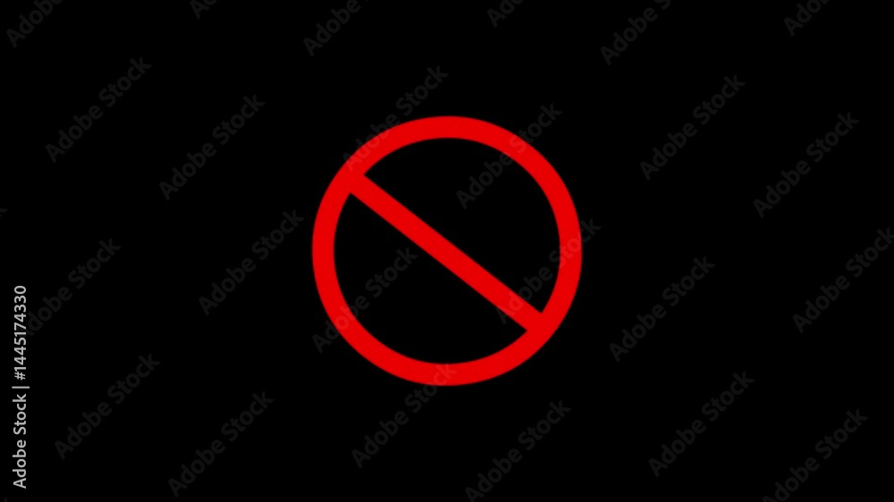 Stop warning video animation
Red line crossed no entry icon on black background