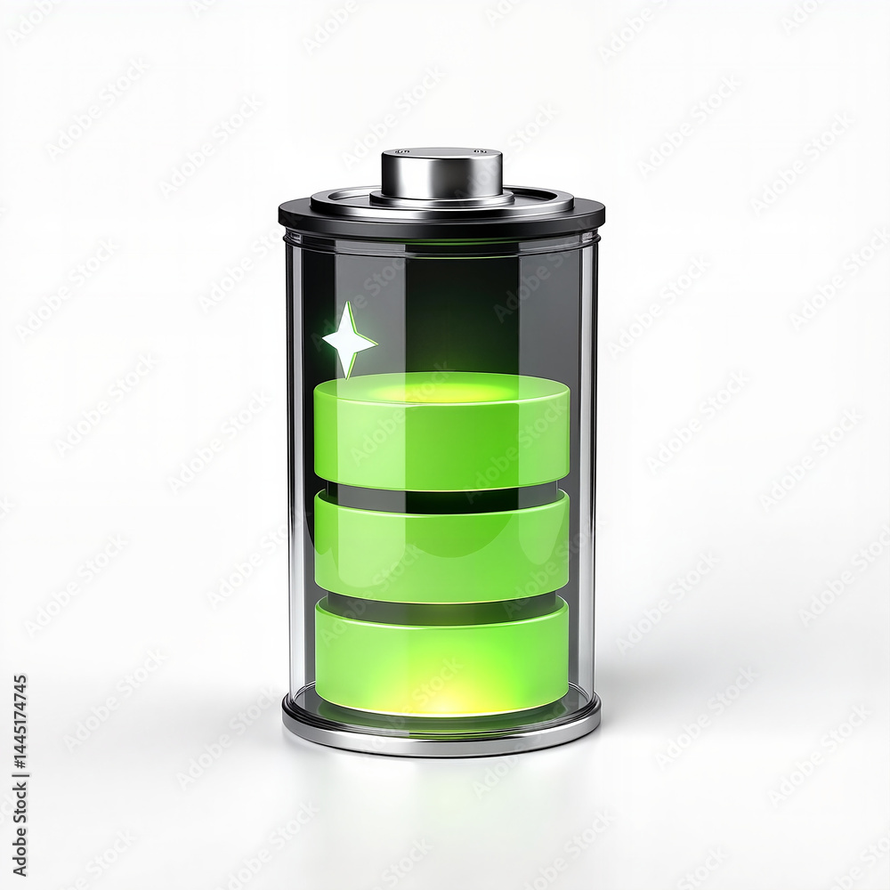 Battery icon glowing with green energy against a white background Battery icon glowing with green energy against a white background