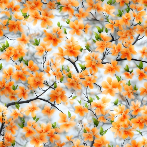 Vibrant Orange Blossom Floral Pattern with Delicate Branches and Lush Green Leaves