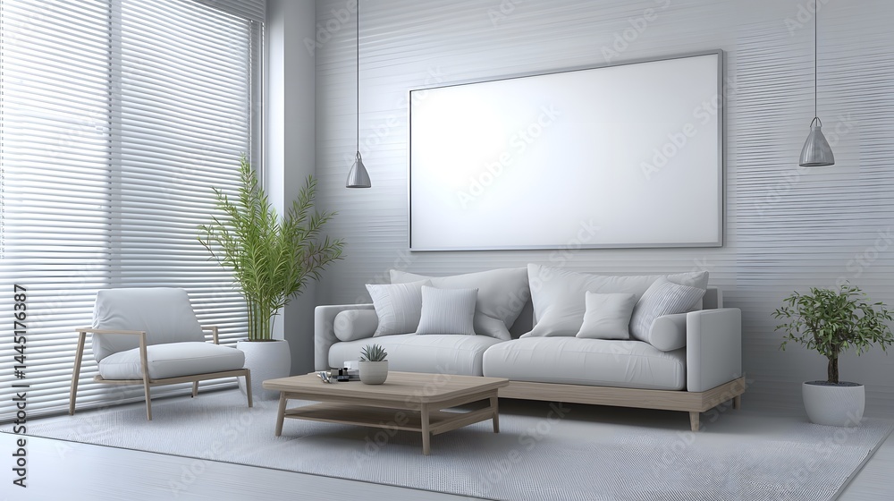Fototapeta premium Modern Minimalist Living Room Interior Design With White Sofa And Elegant Decorative Elements