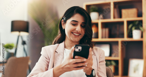 Phone, typing and business with woman in home office for government lawyer, federal justice policy and networking. State prosecutor, smile and political administration with person and online review photo