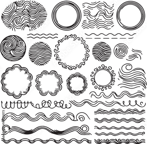 Wavy circular, oval and rectangular shape elements set vector illustration, Scallop squiggly borders frame collection artwork.eps