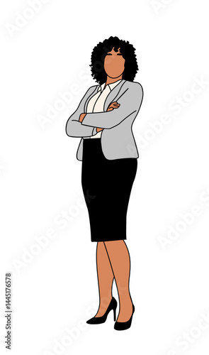 Business woman standing in confident pose with her arms crossed. Pretty lady boss wearing smart casual office clothes, skirt and high heels. Vector outline colored drawing on transparent background