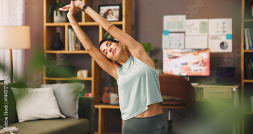 Foto Woman, yoga and stretching body with arms for workout, physical exercise or fitness at home
