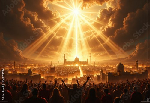 Golden light descends upon a city during a spiritual ascension ceremony with a joyful crowd
