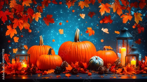 Vibrant Autumn Display with Pumpkins, Lanterns, and Colorful Leaves Under a Starlit Sky