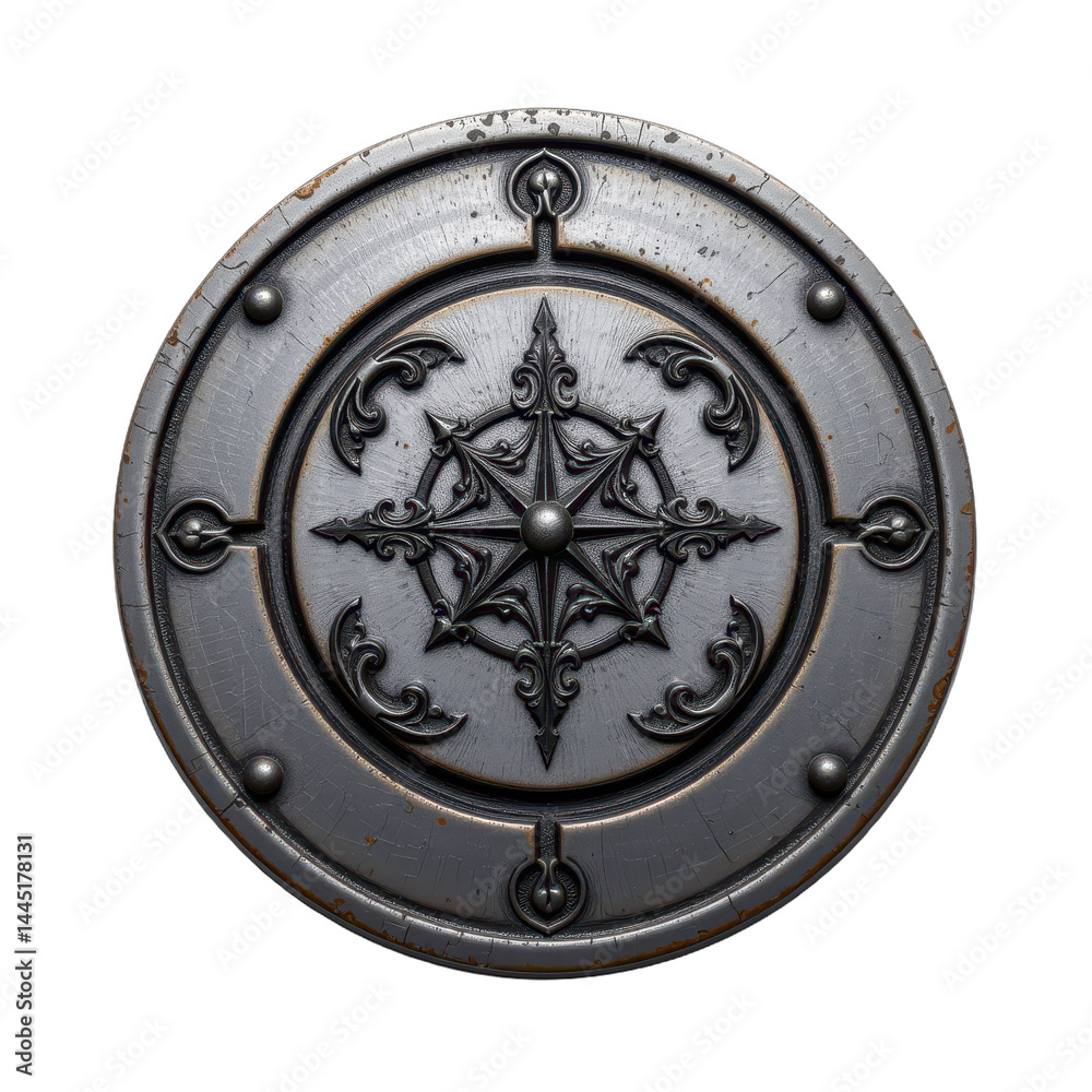 Naklejka premium A stylized soul awakening glyph engraved into a smooth metal plate isolated on white background using macro frontal lighting and side fill for precision product photography and e commerce presentation