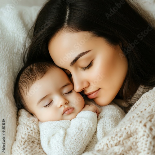 mother and child Mothers day and true love mom A mother gently embraces her sleeping baby, creating a serene and loving atmosphere.