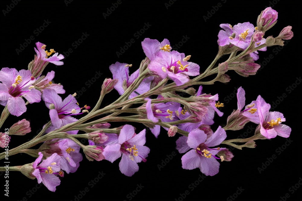Fototapeta premium Delicate purple wildflowers arranged against a stark black background, showcasing their intricate details and vibrant hues.