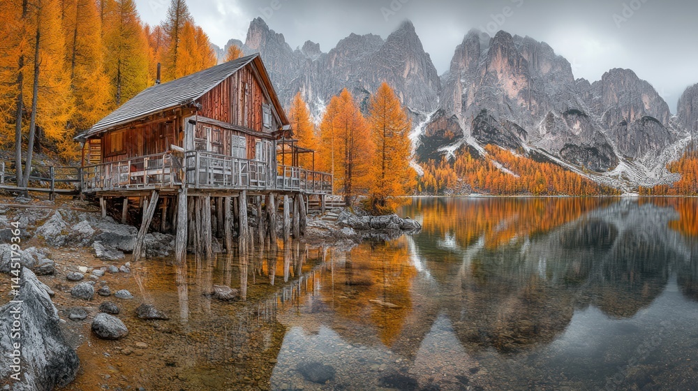 Fototapeta premium Rustic cabin on a serene alpine lake, autumnal colors