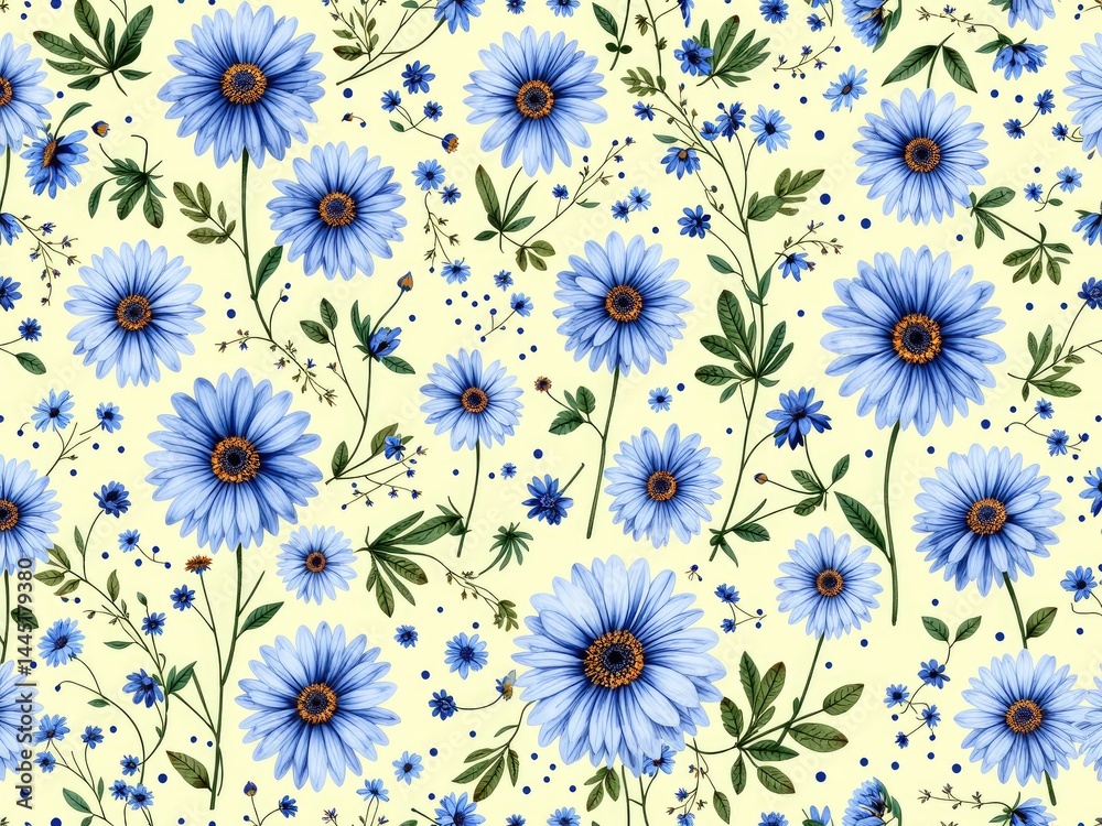 Delicate Blue Daisy Floral Seamless Pattern with Dots and Leaves. Elegant Design. Delicate Blue Daisy Floral Seamless Pattern with Dots and Leaves. Elegant Design.