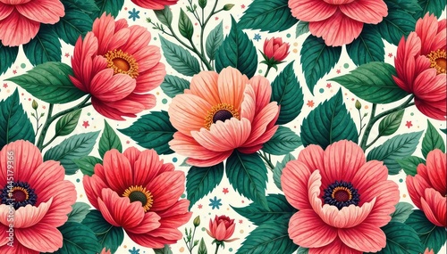 Intricate floral pattern, vibrant blooms & leaves seamlessly repeating , meadow, garden