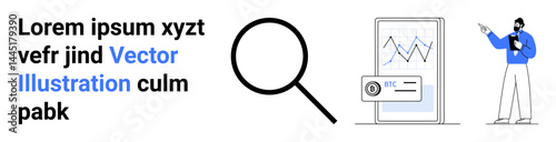 Magnifying glass beside tablet showing analytics graph, person presenting findings with clipboard. Ideal for research, analysis, presentation, business, statistics, education, simple landing page