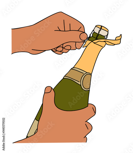 Person opening bottle of champagne. The person holding the bottle with one hand and using the other hand to remove corked cap. Vector illustration isolated on transparent background