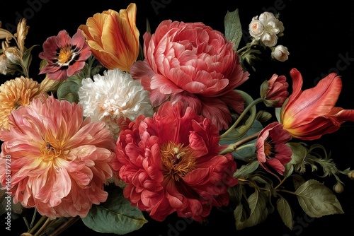 A lush bouquet of vibrant red, orange, and white flowers, artfully arranged against a deep black background.