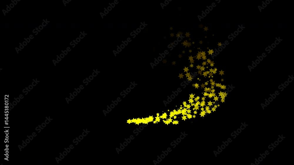 Yellow stars flying rocket formation does loop-de-loop on black screen ANIMATED