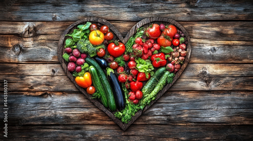 Heart-shaped wooden bowl filled with assorted fresh produce