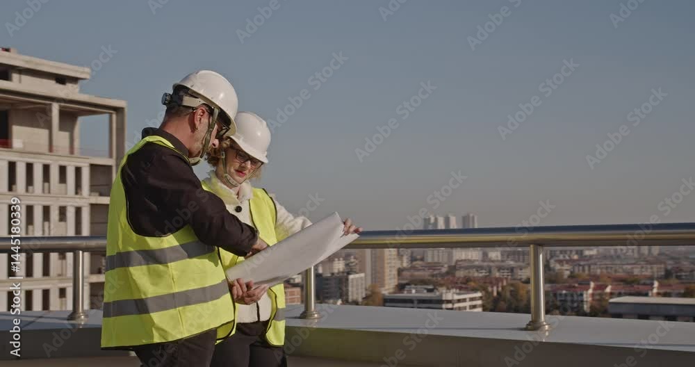 Two engineers discuss blueprints on a high-rise rooftop, overlooking the city and a construction site. Collaboration and expertise in urban development.
