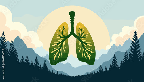 Lungs in Nature Against a Mountain Background Symbolizing Health and ecological balance, World No Tobacco Day  