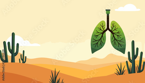 The concept of lungs shaped like leaves in a desert landscape symbolizing the breath of life., World No Tobacco Day