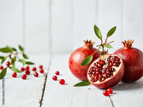 Fresh Pomegranate on White Wooden Tabletop