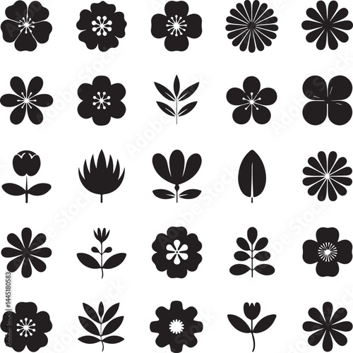 Groovy daisy flowers set. Flat black icons. Simple flower silhouette. Retro vintage style, hand drawn decorative elements.