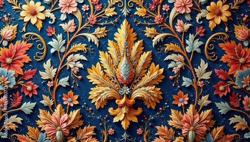 Intricate floral damask pattern, woven textile texture, motif, backgrounds, vintage