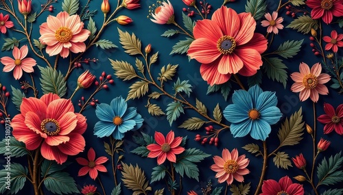 Intricate floral tapestry wallpaper, rich jewel tones, damask, art