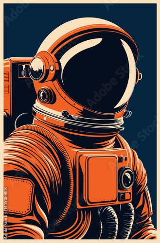 Astronaut in orange space suit retro Space poster. Colorful flat vector illustration