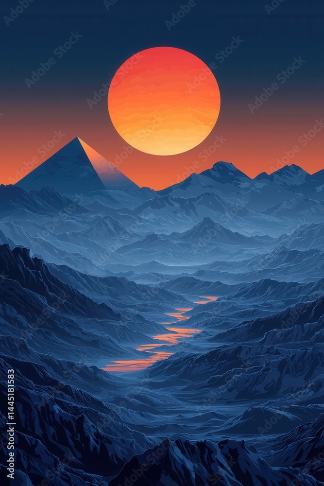 Minimalist vector illustration of a pyramid at sunset in blue scenery