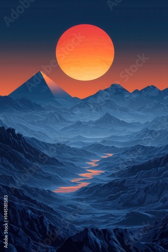 Obraz na płótnie Minimalist vector illustration of a pyramid at sunset in blue scenery w salonie