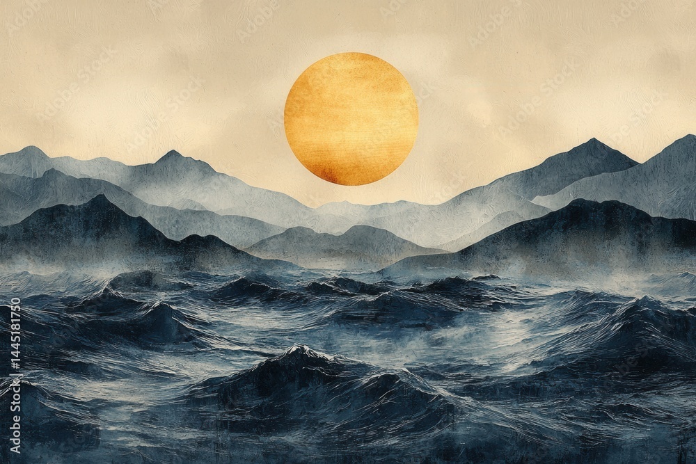 Artistic depiction of ocean waves beneath a vivid sun with gradient sky