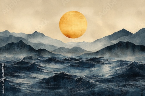 Artistic depiction of ocean waves beneath a vivid sun with gradient sky