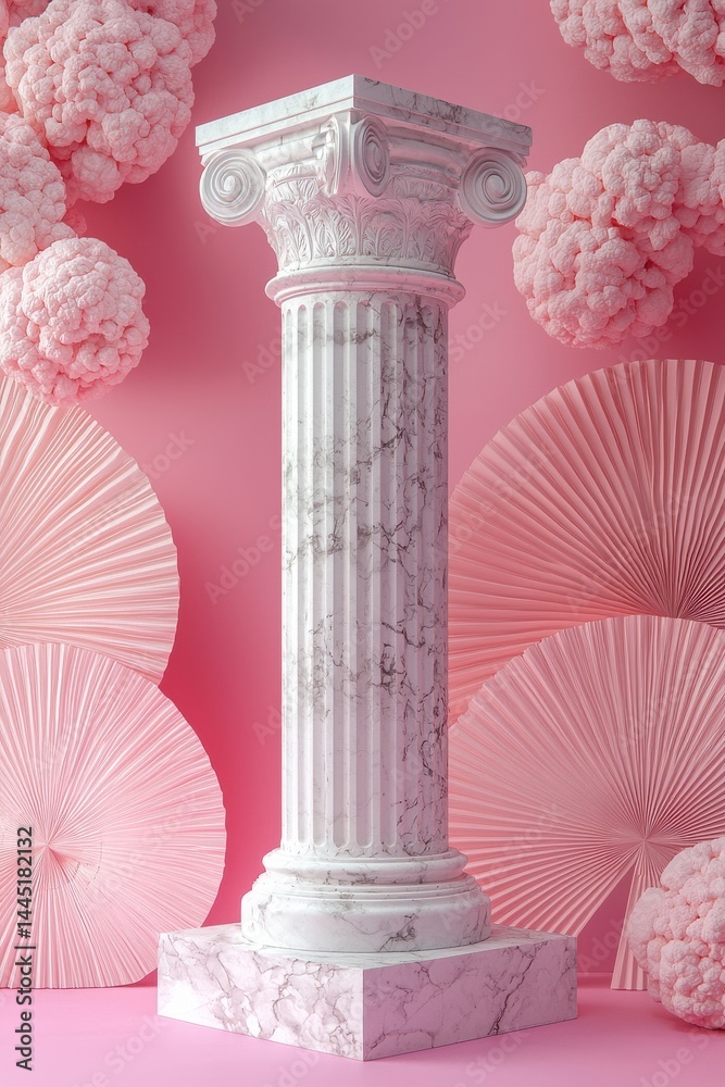 Pink textured interior featuring geometric decor with stone pillar and soft lighting