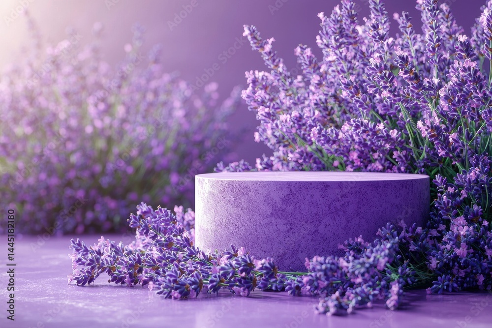 Purple garden podium surrounded by lavender flowers in soft natural light