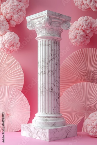 Pink textured interior featuring geometric decor with stone pillar and soft lighting