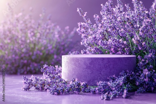 Obraz na płótnie Purple garden podium surrounded by lavender flowers in soft natural light w salonie