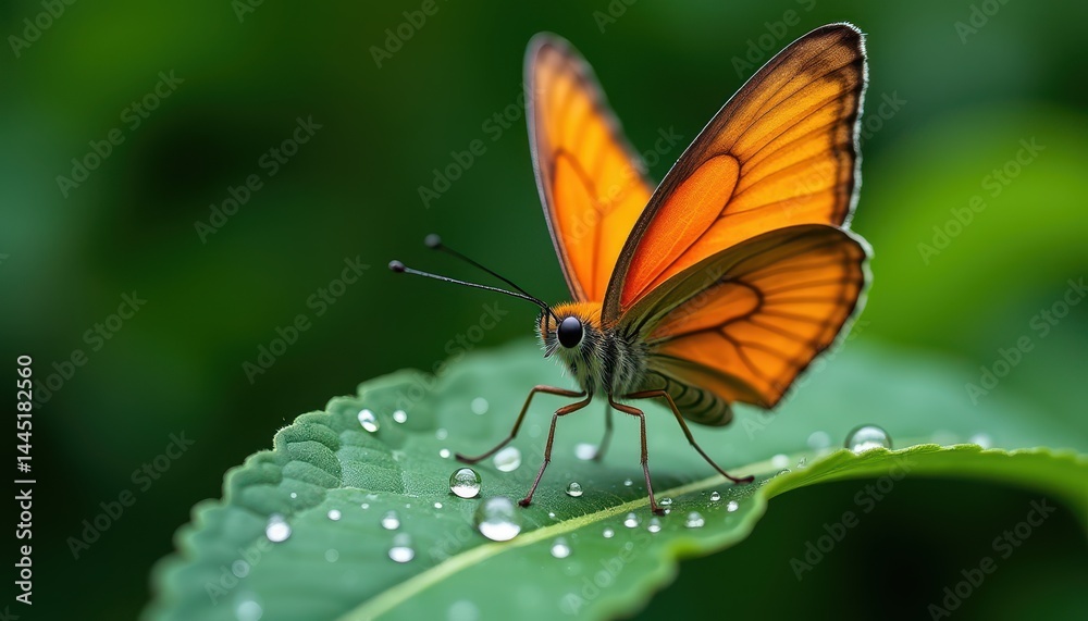 Obraz premium Orange Butterfly on Dew-Kissed Leaf: A Macro Photography Masterpiece
