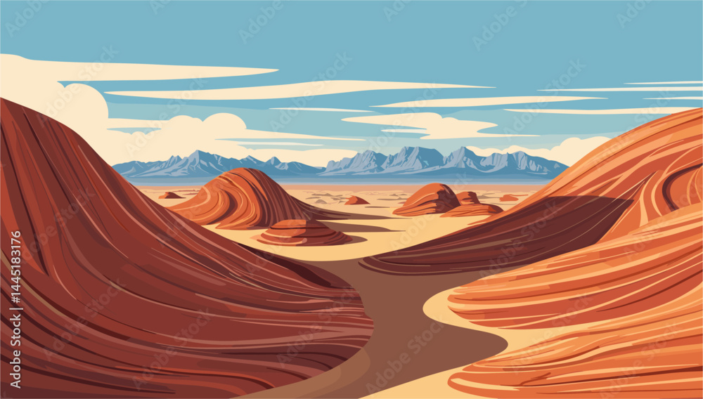 Naklejka premium A desert landscape with mountains in the background. The mountains are in the distance and the desert is full of hills