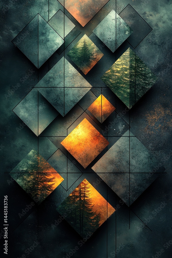 Abstract geometric art with glowing circular shapes and gradient overlays