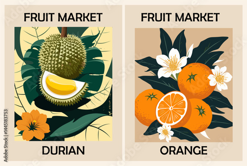 Set of abstract Fruit Market retro posters. Trendy kitchen gallery wall art with durian, oranges. Modern naive groovy interior paintings. Vector art illustration.