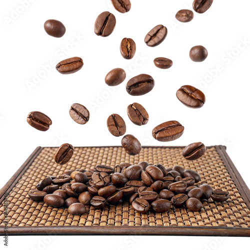 Roasted coffee beans falling onto a traditional woven mat, ideal for cafe menu designs, artisan coffee branding, packaging, and premium roasted bean marketing visuals