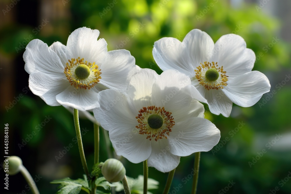 Three delicate white flowers bloom in soft sunlight, their petals catching the light beautifully. A serene nature scene. Three delicate white flowers bloom in soft sunlight, their petals catching the light beautifully. A serene nature scene.