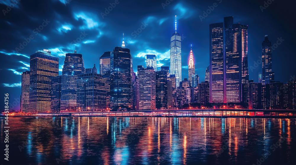 Fototapeta premium Colorful night city skyline reflection