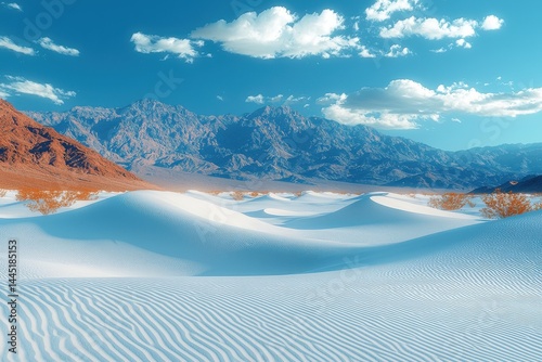 Golden sand dunes stretched across an expansive desert landscape under clear blue skies