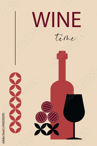 Minimalist Wine Poster with Bottle and Glass Illustration. Modern flat design illustration featuring a red wine bottle, black wine glass, stylized grapes, and minimalist typography